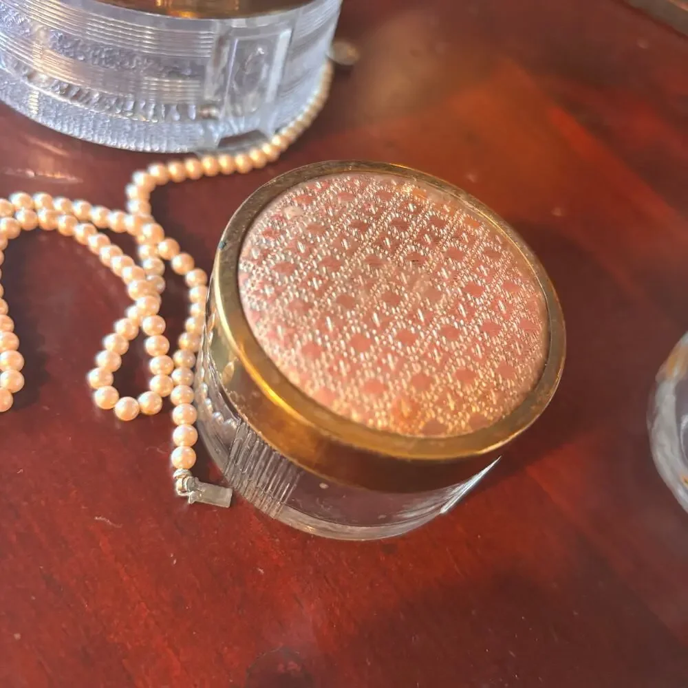 Vintage Petit Point Floral Powder Jar Set | Mid-Century Glass Vanity Set